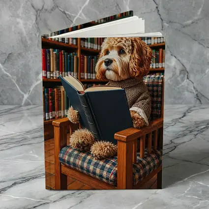 Cockapoo Dog Reading Book in Library