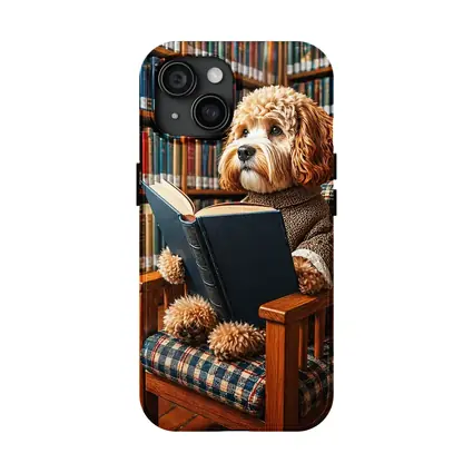 Cockapoo Dog Reading Book in Library