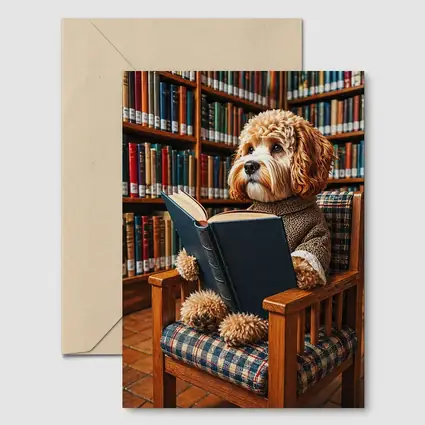 Cockapoo Dog Reading Book in Library