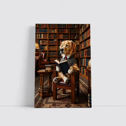 Golden Retriever Reading Book in Library