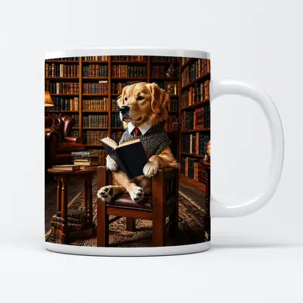 Golden Retriever Reading Book in Library