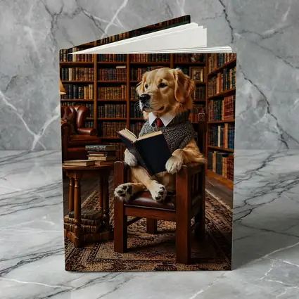Golden Retriever Reading Book in Library