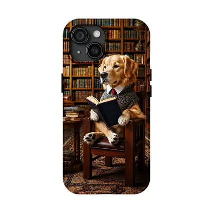 Golden Retriever Reading Book in Library