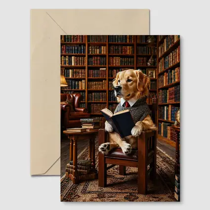 Golden Retriever Reading Book in Library