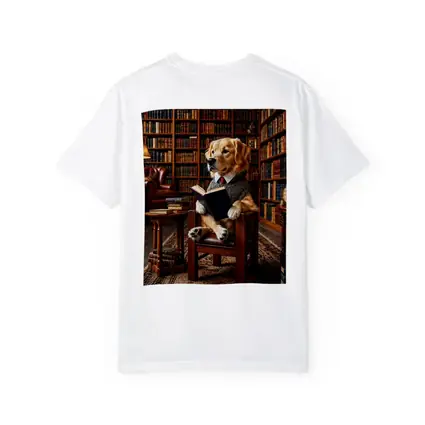 Golden Retriever Reading Book in Library