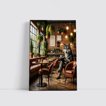 Wolf Reading Book in Cozy Cafe