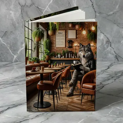 Wolf Reading Book in Cozy Cafe