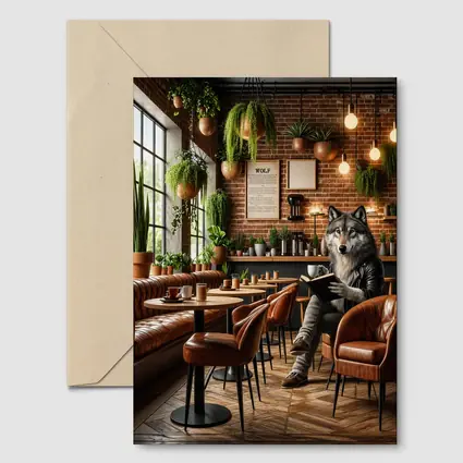 Wolf Reading Book in Cozy Cafe