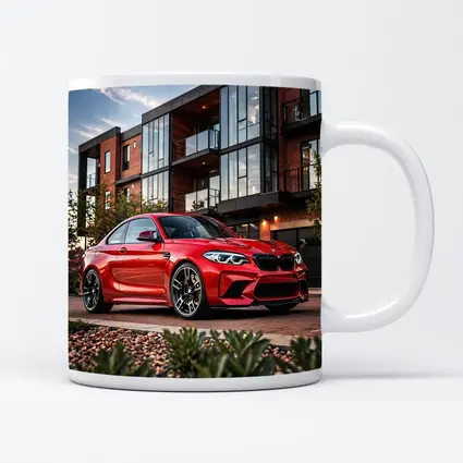 Red BMW M2 Parked Outside Modern Building