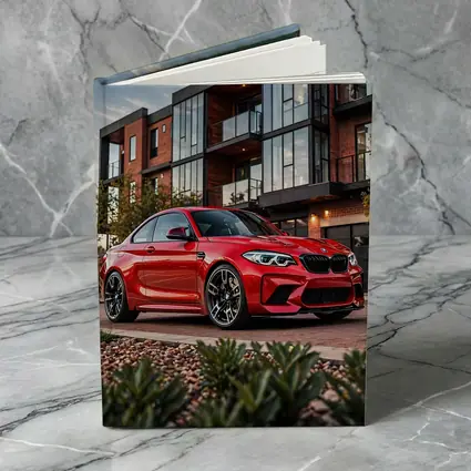Red BMW M2 Parked Outside Modern Building