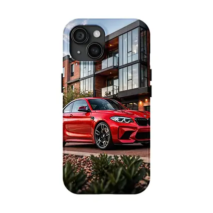 Red BMW M2 Parked Outside Modern Building