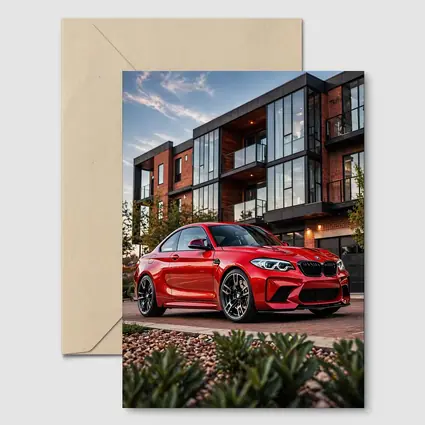 Red BMW M2 Parked Outside Modern Building