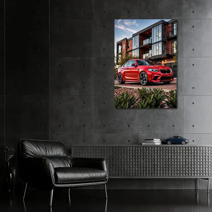 Red BMW M2 Parked Outside Modern Building