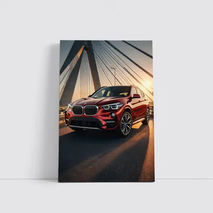 Red BMW X1 on Bridge at Sunset