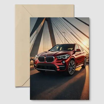 Red BMW X1 on Bridge at Sunset