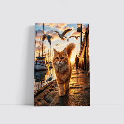 Orange Cat Walking Harbor Sunset Seagulls