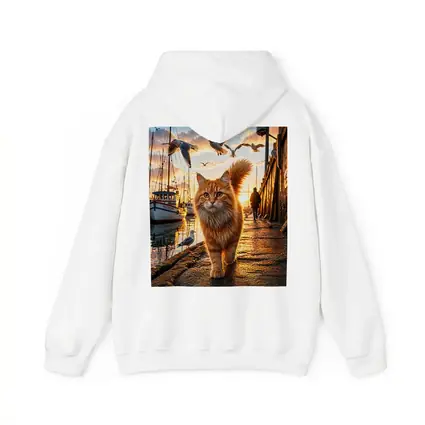 Orange Cat Walking Harbor Sunset Seagulls