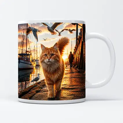 Orange Cat Walking Harbor Sunset Seagulls