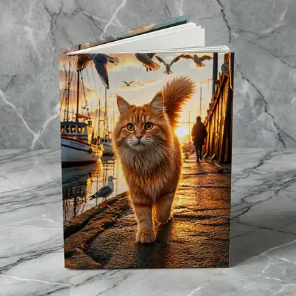 Orange Cat Walking Harbor Sunset Seagulls
