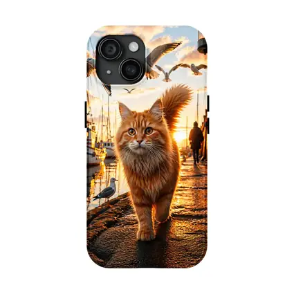 Orange Cat Walking Harbor Sunset Seagulls