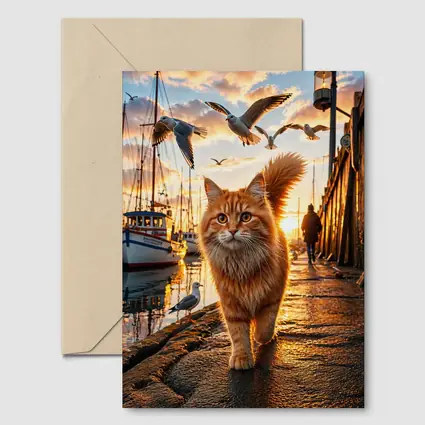 Orange Cat Walking Harbor Sunset Seagulls