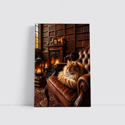 Fluffy Cat Sleeping in Cozy Library