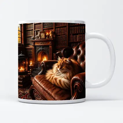 Fluffy Cat Sleeping in Cozy Library