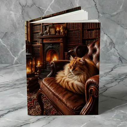 Fluffy Cat Sleeping in Cozy Library