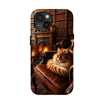 Fluffy Cat Sleeping in Cozy Library