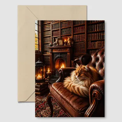 Fluffy Cat Sleeping in Cozy Library