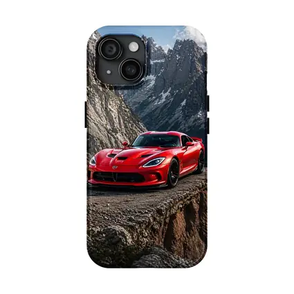 Red Dodge Viper Parked on Mountain Cliff