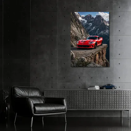 Red Dodge Viper Parked on Mountain Cliff