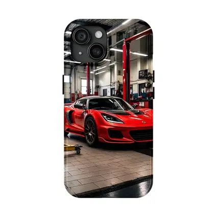 Red Lotus Evora Parked Inside Auto Garage