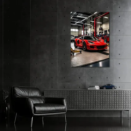 Red Lotus Evora Parked Inside Auto Garage