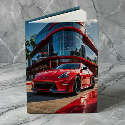 Red Nissan 370Z Outside Modern Glass Building
