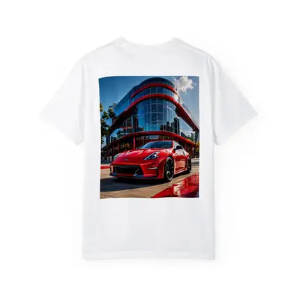 Red Nissan 370Z Outside Modern Glass Building