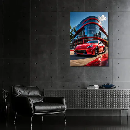Red Nissan 370Z Outside Modern Glass Building