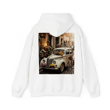 Vintage Classic Car Cobblestone Street Flowers