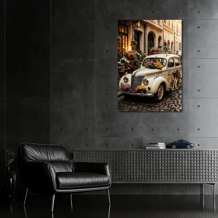 Vintage Classic Car Cobblestone Street Flowers