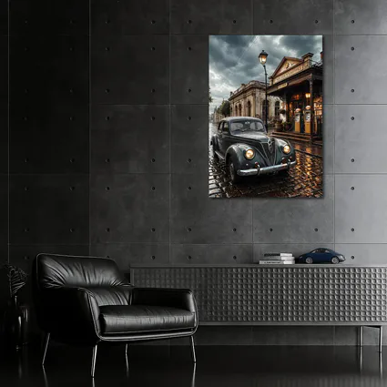 Retro Classic Car Rainy Cobblestone Street Scene