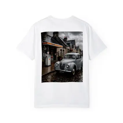 Vintage Renault Classic Car Rainy Cobblestone Street