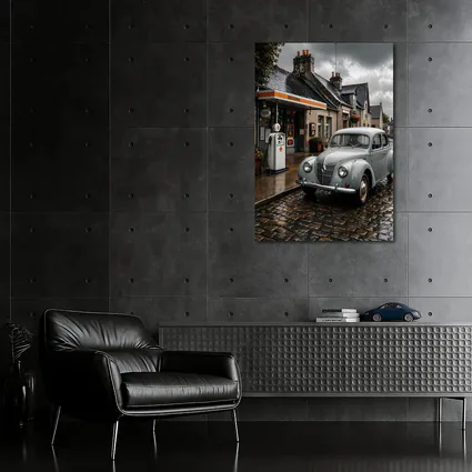 Vintage Renault Classic Car Rainy Cobblestone Street