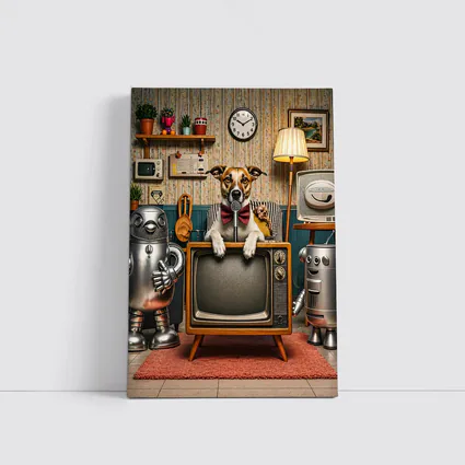 Jack Russell Dog Retro TV Room Robots