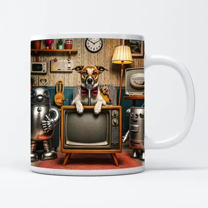 Jack Russell Dog Retro TV Room Robots