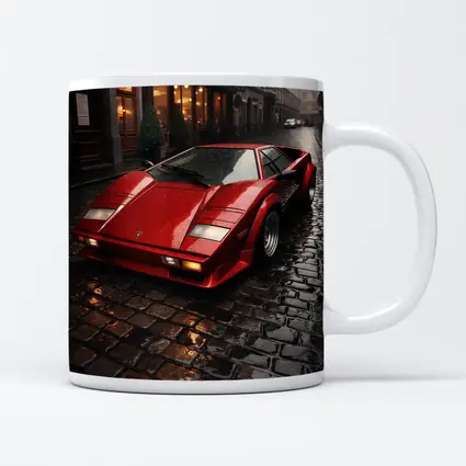 Red Lamborghini Countach Wet Cobblestone Street