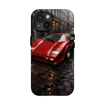 Red Lamborghini Countach Wet Cobblestone Street