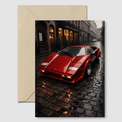 Red Lamborghini Countach Wet Cobblestone Street