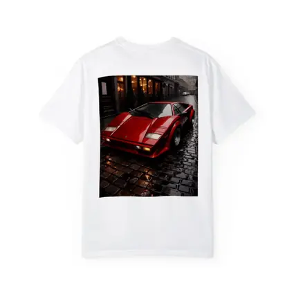 Red Lamborghini Countach Wet Cobblestone Street
