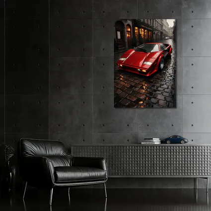 Red Lamborghini Countach Wet Cobblestone Street