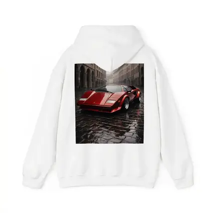 Red Lamborghini Countach On Rainy Cobblestone Street